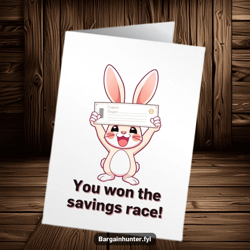 Funny Free Printable Congratulations Card: Bunny hoists a giant coupon victoriously, celebrating a major win.