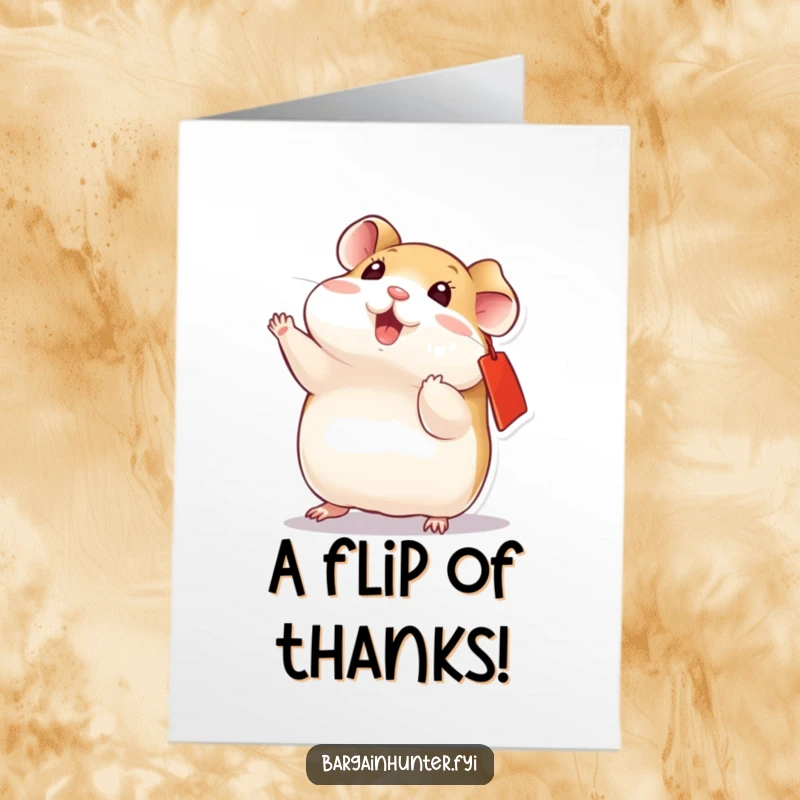 Funny Free Printable Thank You Card: A playful hamster with a red ear tag does an impressive flip.
