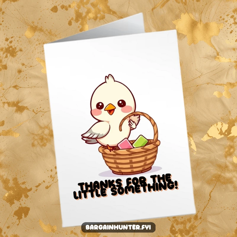 Funny Free Printable Thank You Card: A mischievous bird is caught in the act of dropping a small item into a basket, humorous download.