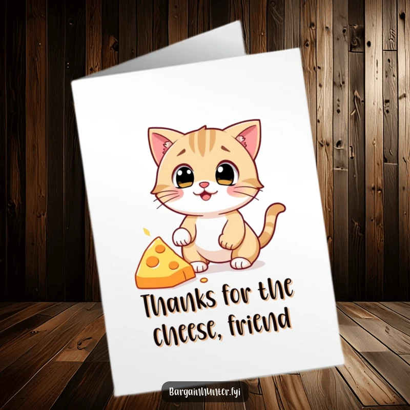 Funny free printable thank you card: determined cat eyes fixed on a dropped piece of cheese, pure foodie humor.
