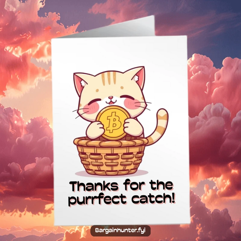 Funny Free Printable Thank You Card: A proud cat dives with a giant coin towards a basket.
