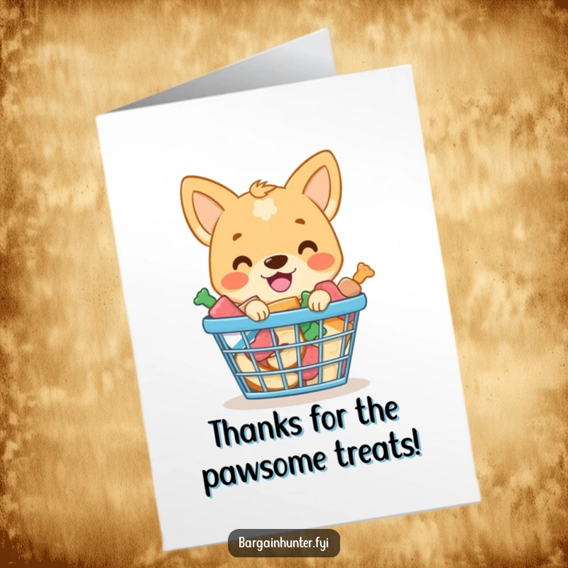 Funny Free Printable Thank You Card: A smiling dog with a basket overflowing with treats, a humorous way to say thanks.