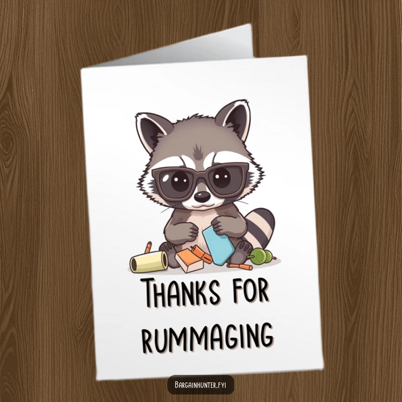 Funny Free Printable thank you card: a curious raccoon with glasses sifting through items, conveying thanks with a humorous twist.