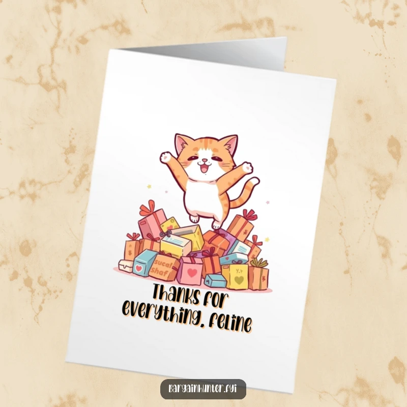 Funny Free Printable Thank You Card: A playful cat demonstrates its appreciation by leaping over discounted treasures.