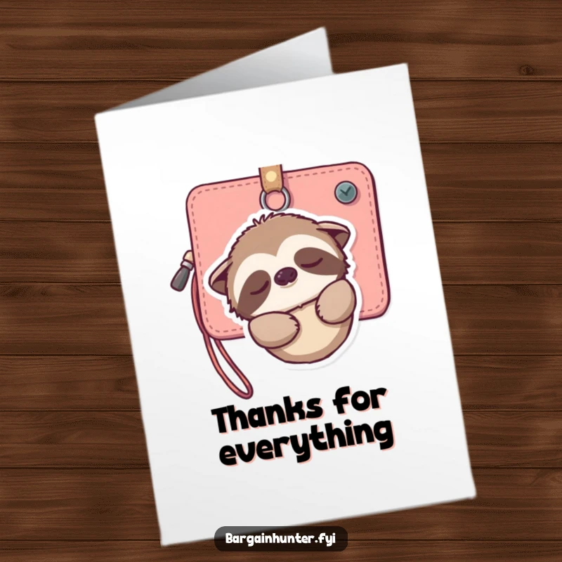 Funny Free Printable Thank You Card: A sleepy sloth hanging from a wallet, offering a gentle, thankful smile.