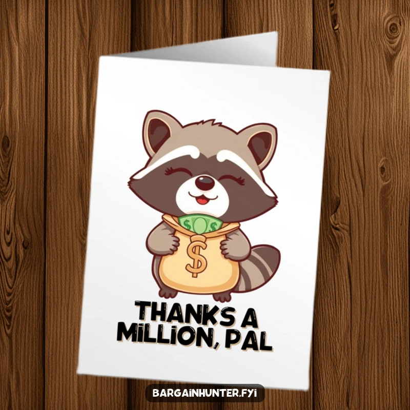 Funny free printable thank you card: A winking raccoon happily displays a large money bag, expressing thanks for good fortune.
