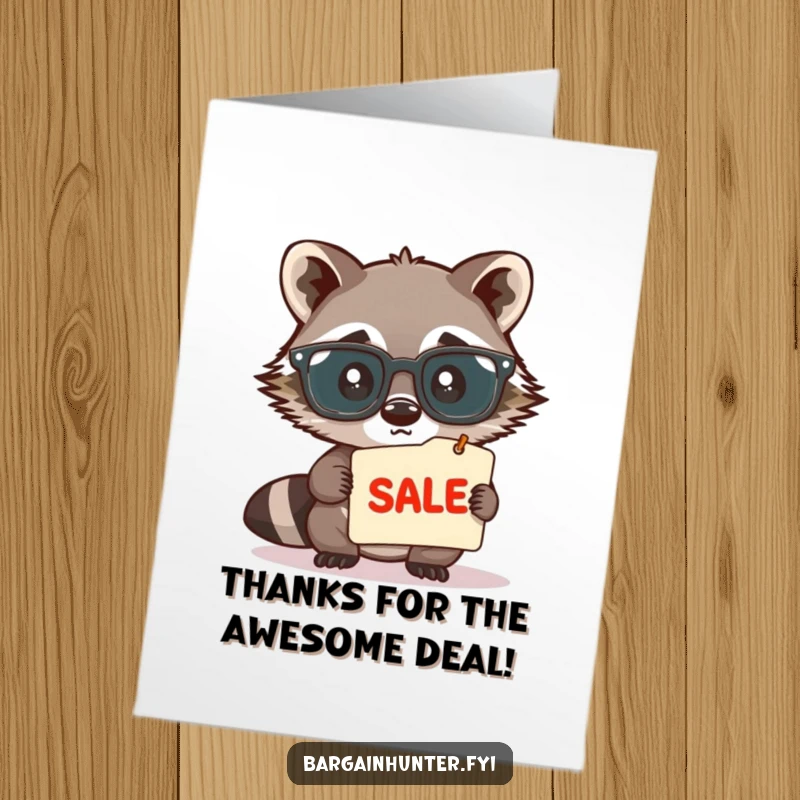 Funny Free Printable Thank You Card: Cute raccoon in spectacles peering at a sale tag, offering smart, humorous gratitude.