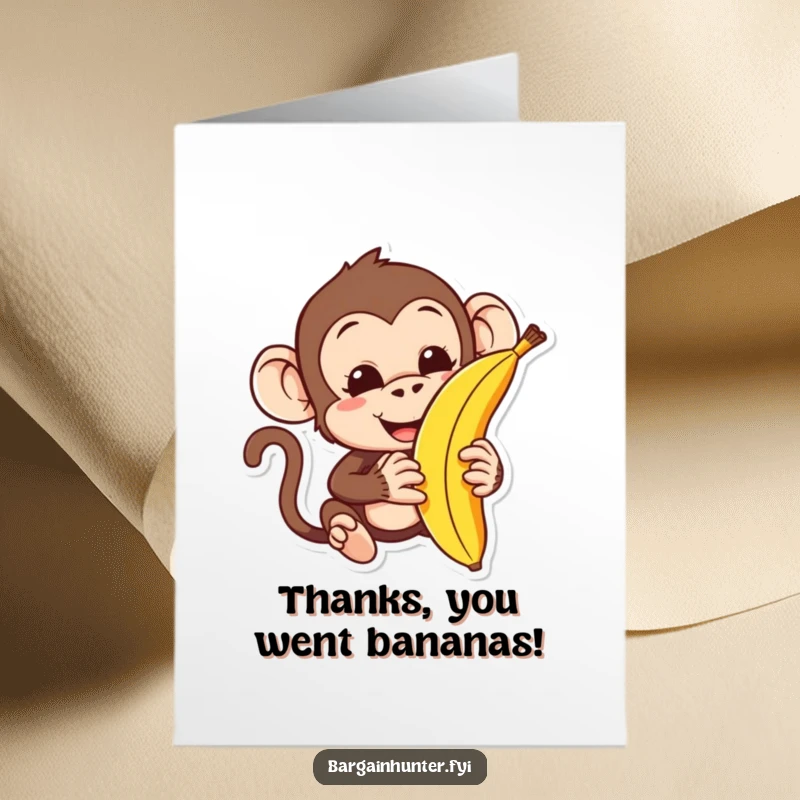 Funny free printable thank you card, a monkey character actively haggling over a banana, expressing playful negotiation.