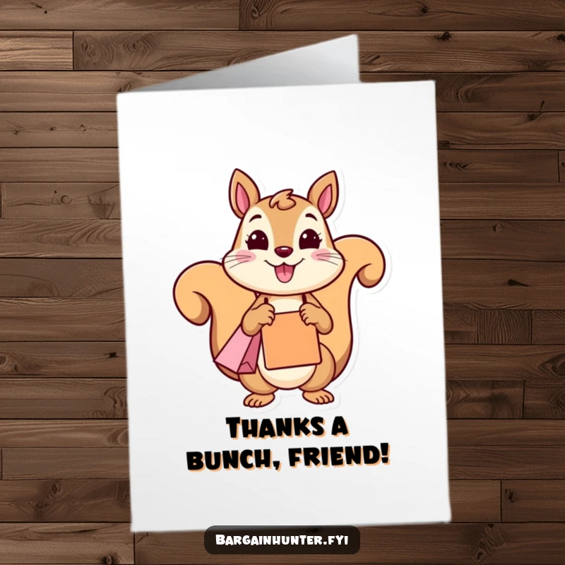 Funny Free Printable Thank You Card: A cheerful squirrel holds a shopping bag, smiling gratefully, perfect for a funny thank you.