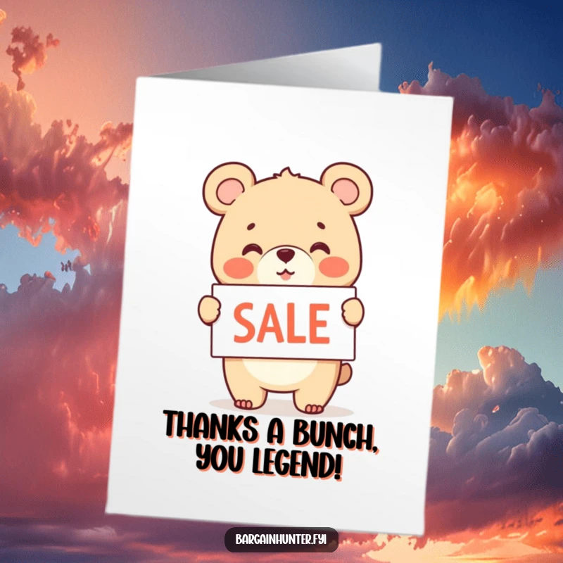 Funny Free Printable Thank You Card: A cheerful bear cub waves a sale sign, a humorous and grateful download.