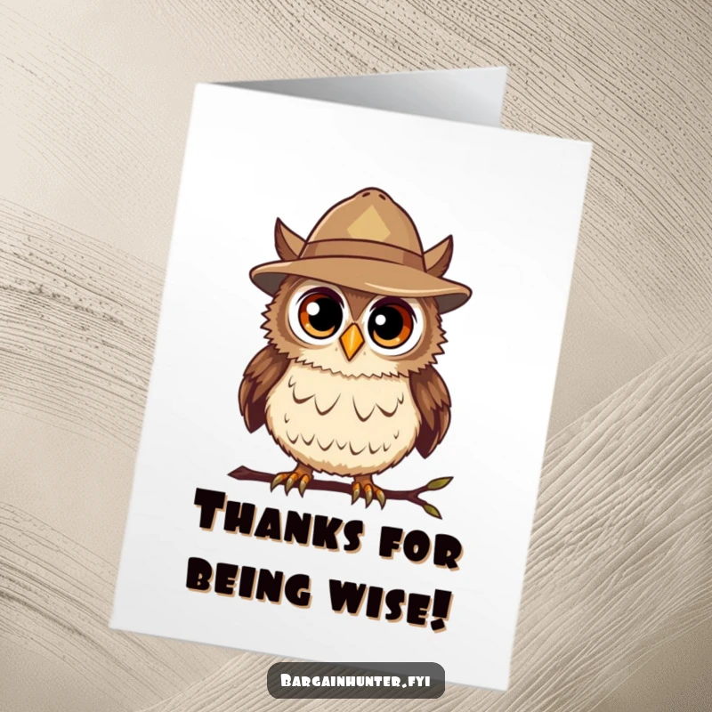 Funny Free Printable Thank You Card: Curious Owl in Bargain Hat, Expressing Thanks.