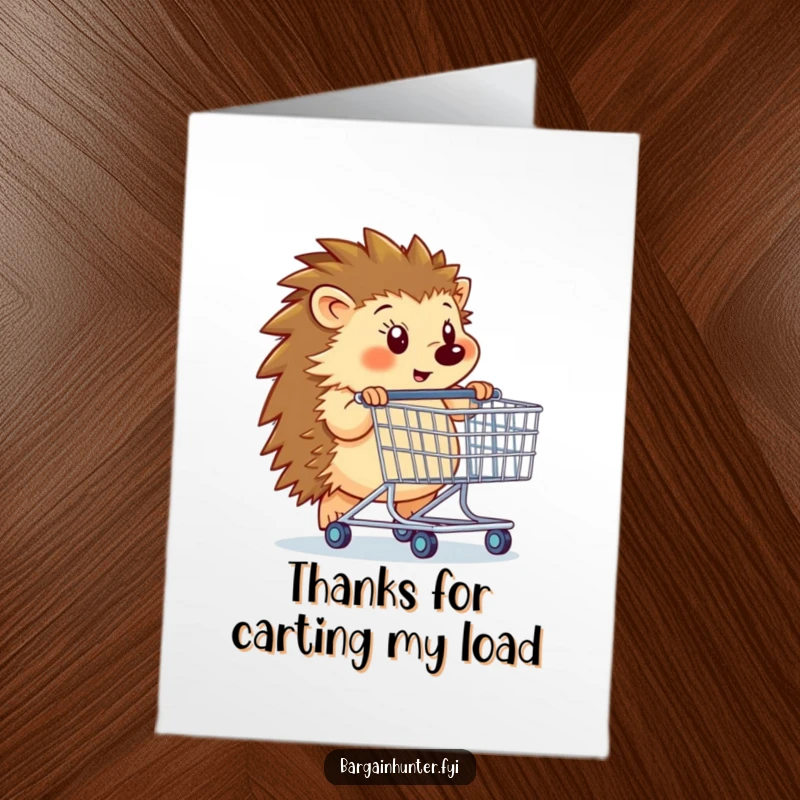 Funny Free Printable Thank You Card: Hedgehog pushing oversized shopping cart, expressing thanks with humor, downloadable art.