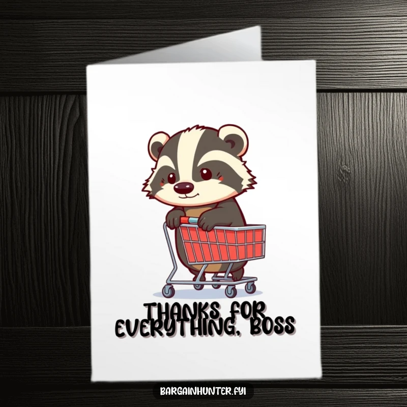 Funny free printable thank you card: A determined badger holds a shopping trolley overflowing with goods, showing gratitude.