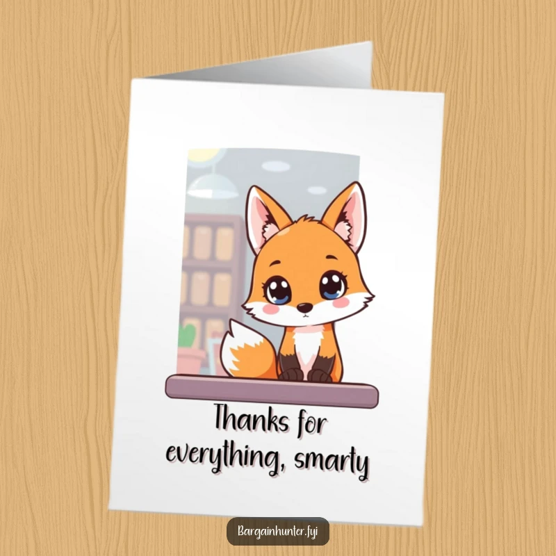 Funny Free Printable Thank You Card: A fox peeks into a store window with wide, gleaming eyes, showing gratitude.