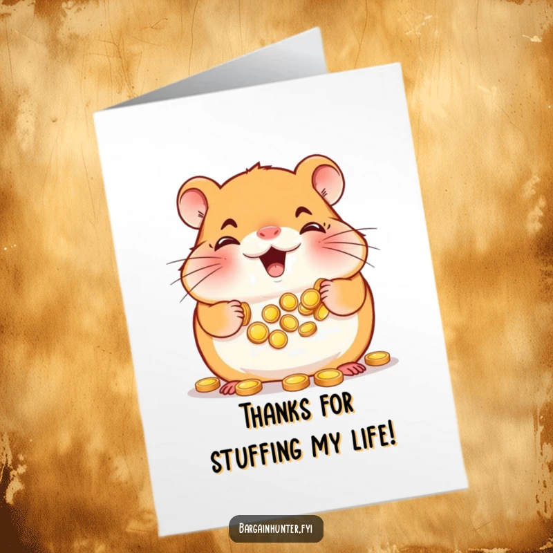 Funny Free Printable Thank You Card: Smiling hamster filling cheeks with gold coins, expressing gratitude.