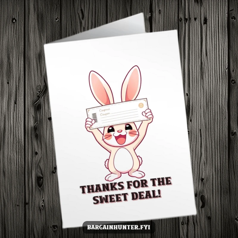 Funny Free Printable Thank You Card: Triumphant bunny holds a giant coupon, symbolizing immense gratitude.