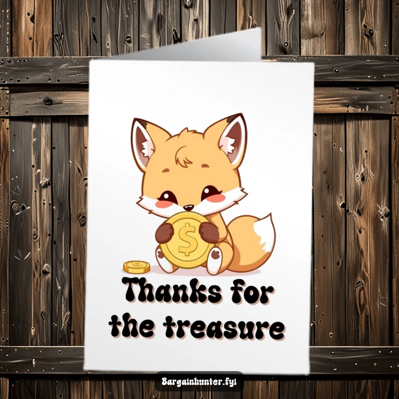 Funny Free Printable Thank You Card: A mischievous fox cub hiding a shiny coin, representing a treasured thank you.