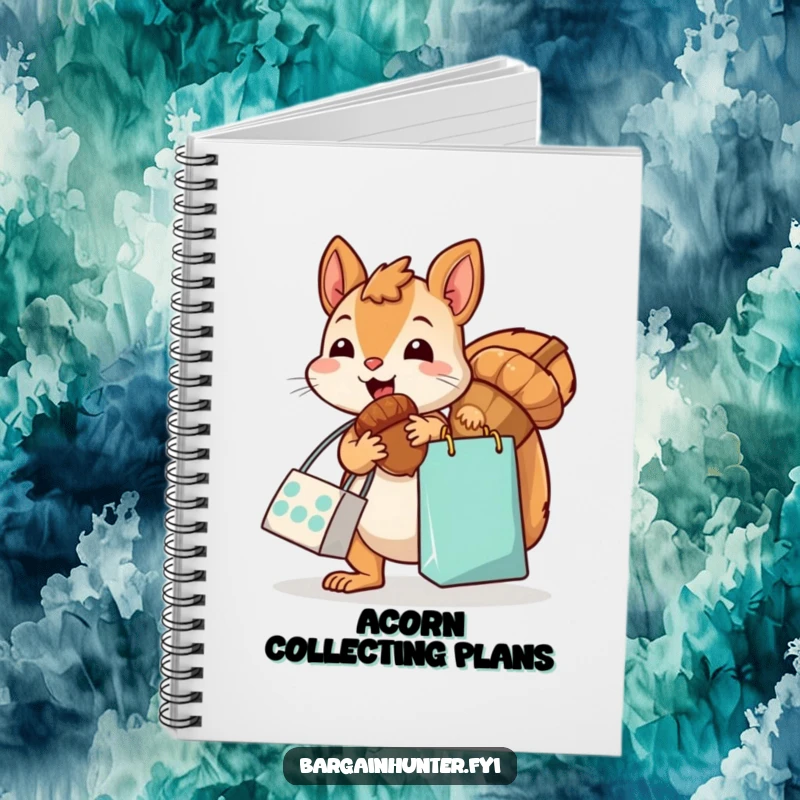Funny, kawaii squirrel with a shopping bag, excitedly grabbing an oversized acorn, on the cover of a notebook, designed for humorous note-taking.