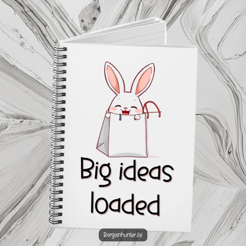 Funny joyful rabbit peeking out from a giant shopping bag, a notebook for planning shopping trips.