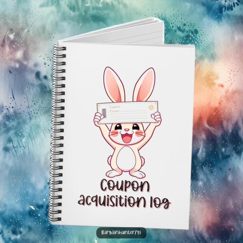 Funny bunny notebook showing a joyful bunny holding a giant coupon aloft.