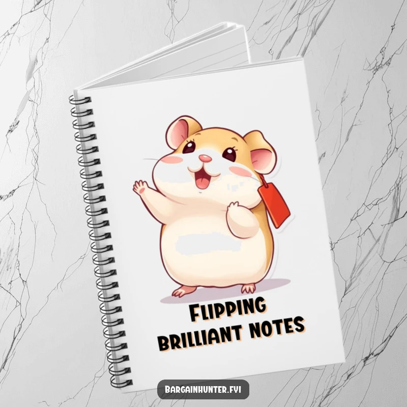 Funny playful hamster with a red ear tag, doing a dynamic flip, a notebook for jotting energetic ideas.