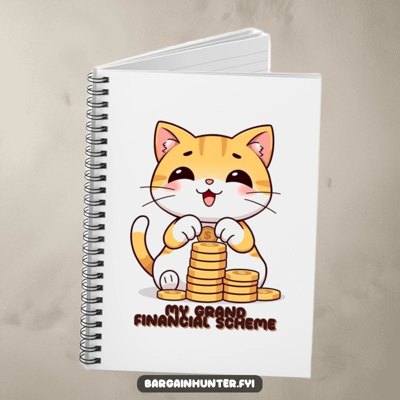 Funny cat notebook with a cheerful character counting a big stack of coins, perfect for jotting down notes and financial plans.