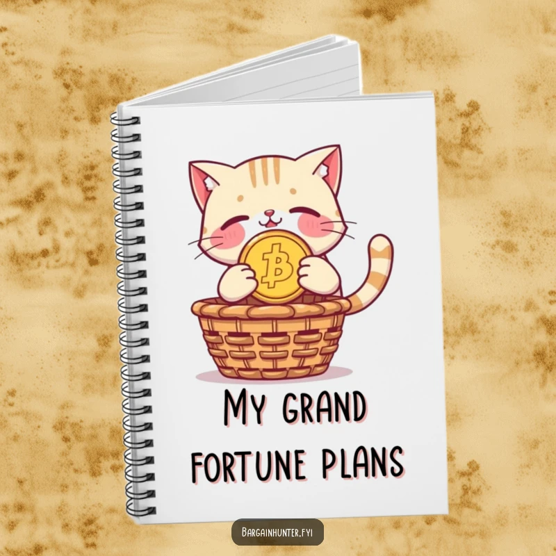 Funny notebook: a proud cat dives with a giant coin towards a basket, ready for notes.
