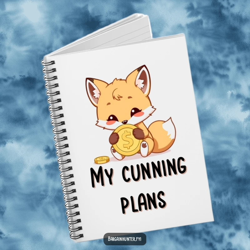 Funny notebook cover with a mischievous fox cub hiding a shiny coin, inspiring creativity and a love for playful secrets.