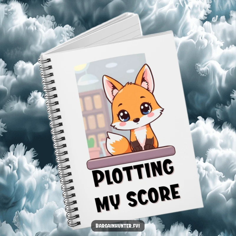 Funny Notebook depicting a fox peeking into a store window, designed for capturing ideas and observations.