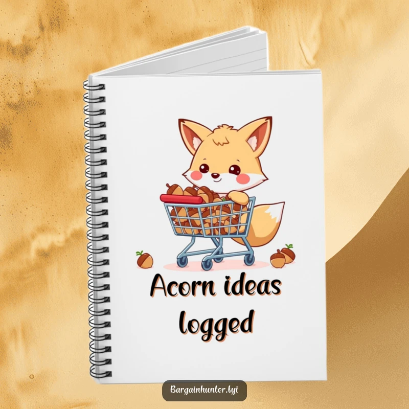 Funny happy fox with a shopping cart full of acorns, a notebook for planning seasonal harvests.