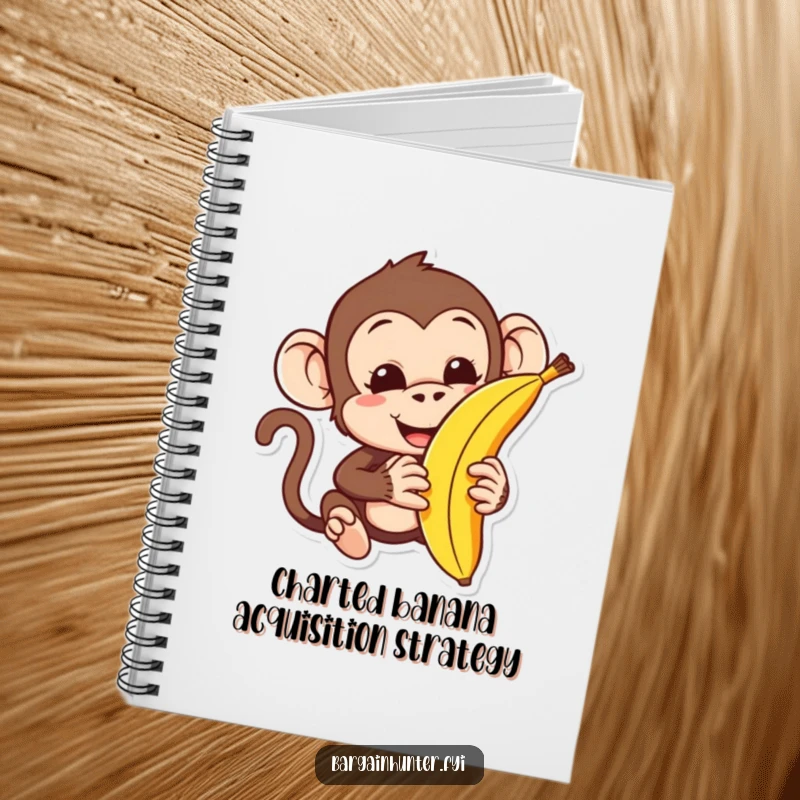 Funny monkey notebook with a character attempting to haggle for a banana, perfect for jotting down notes and brilliant ideas.