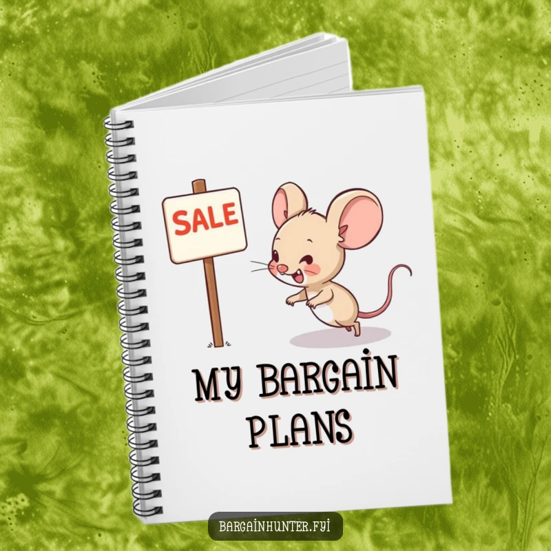 Funny notebook featuring a grinning mouse character racing towards a sale sign, ideal for planning shopping trips.