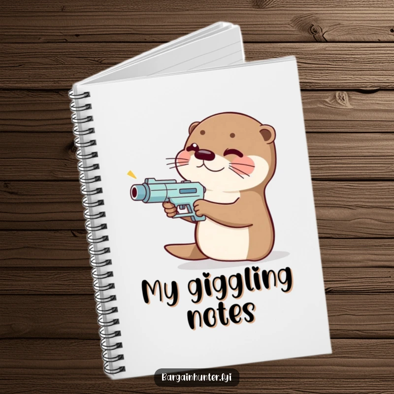 Funny giggling otter notebook with a price gun, aiming it, perfect for jotting down shopping ideas.