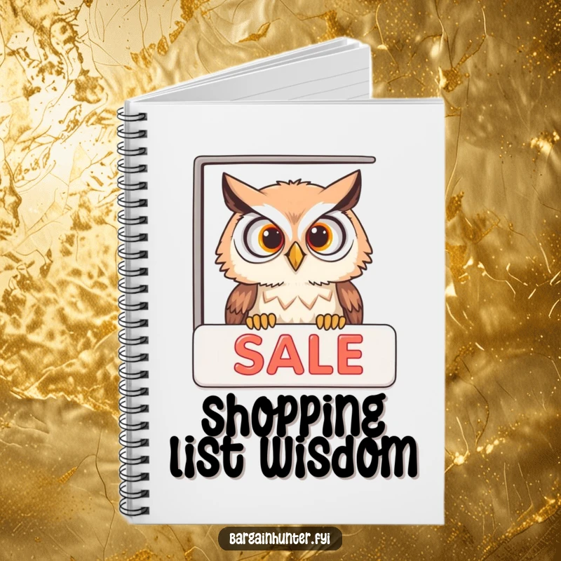 Funny curious owl peeking into a sale advertisement on a notebook cover, ideal for humorous journaling and note-taking.