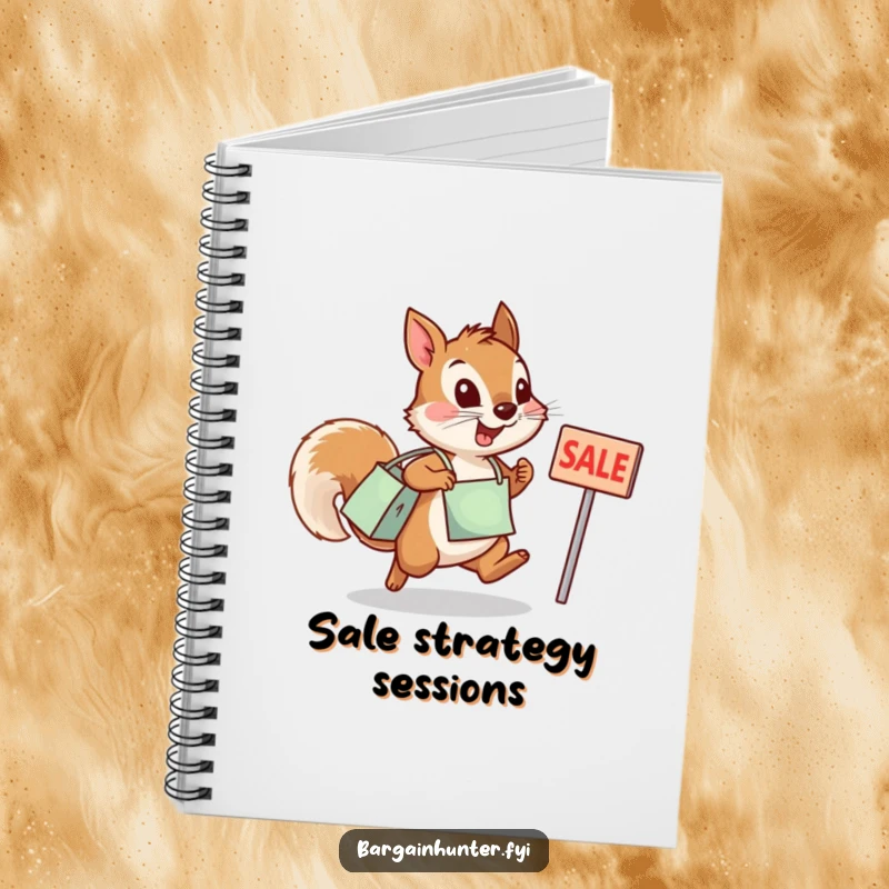 Funny squirrel notebook showing a determined squirrel with a shopping bag leaping towards a sale sign.