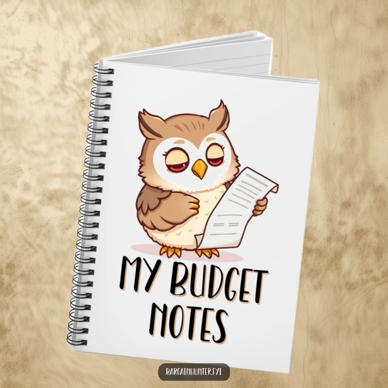 Funny notebook featuring a wise owl character examining a shopping receipt with a knowing expression, perfect for capturing notes with smart humor.