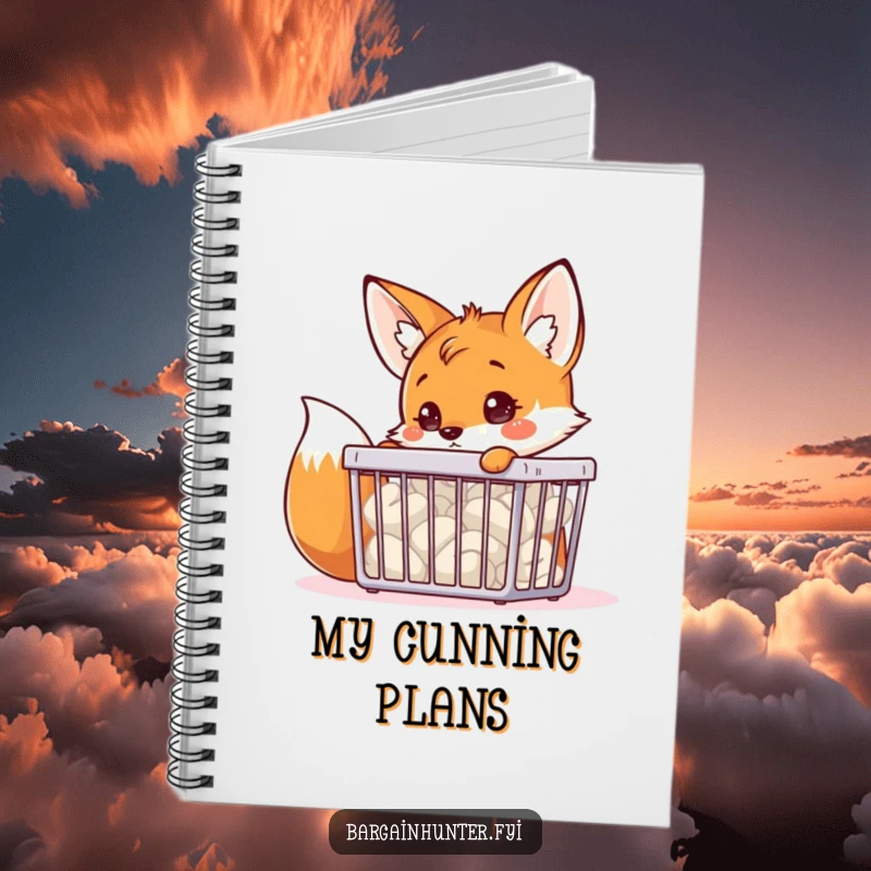 A funny fox curiously peering into a bargain bin on the cover of a witty and funny notebook.