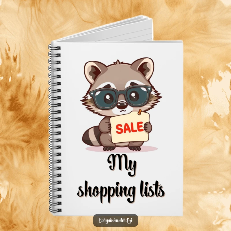 Funny, cute raccoon wearing large spectacles, peering intently at a sale tag, on the cover of a notebook, designed for humorous note-taking.