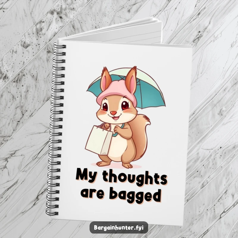 Funny squirrel with a shopping bag hat and umbrella, inspiring creative thoughts and shopping lists.