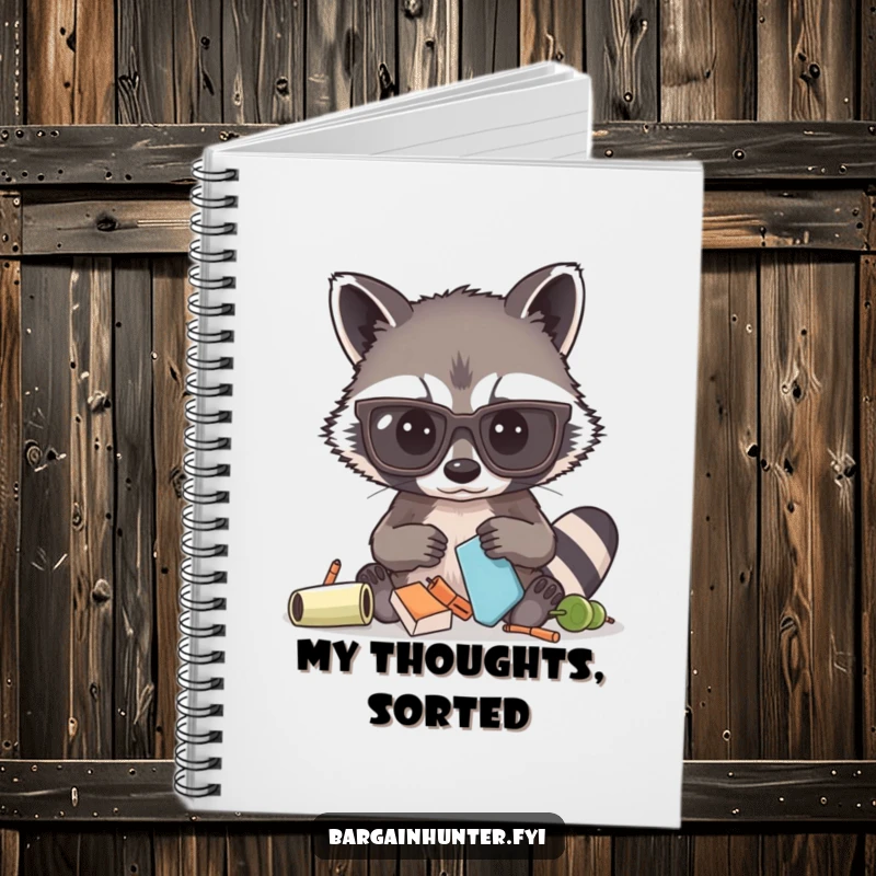 Funny notebook with a curious raccoon wearing glasses, sifting through imaginary items, ideal for capturing thoughts and notes humorously.