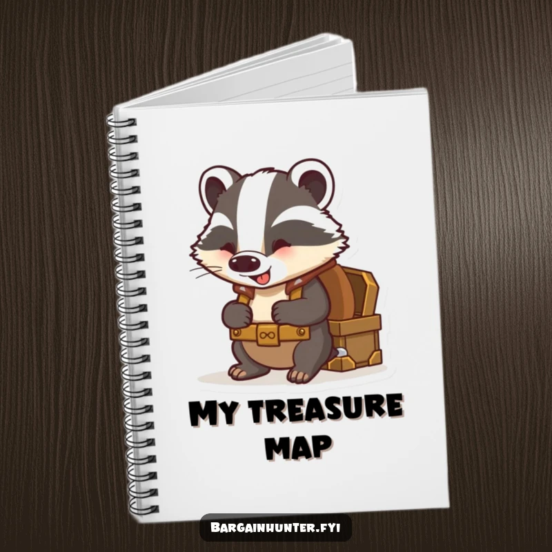 Funny badger notebook showing a curious badger with a backpack peering excitedly into a treasure chest.