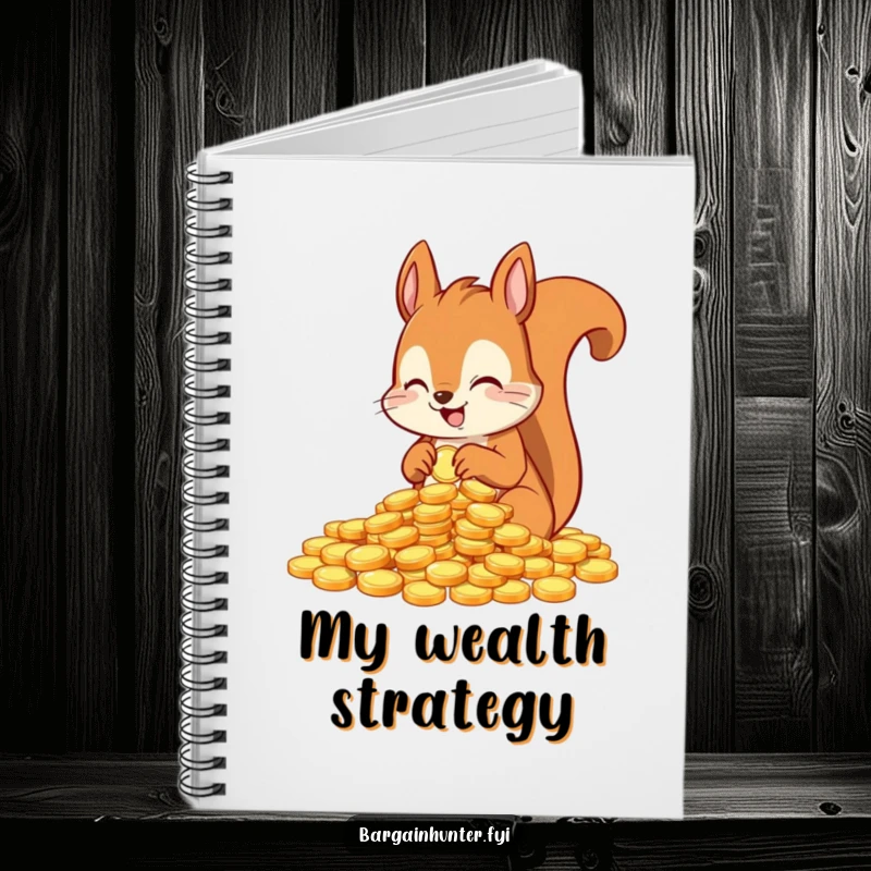 Funny notebook featuring an excited squirrel character counting shiny coins, ideal for financial planning and goal setting.