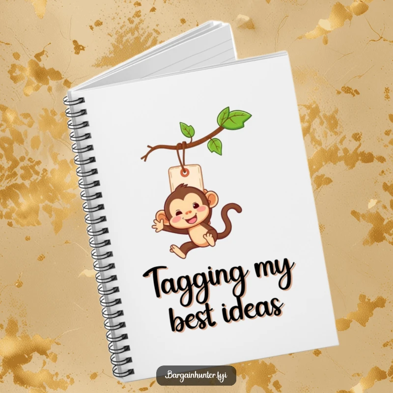 Funny monkey swinging from a price tag on a blank notebook, ideal for notes and drawings.