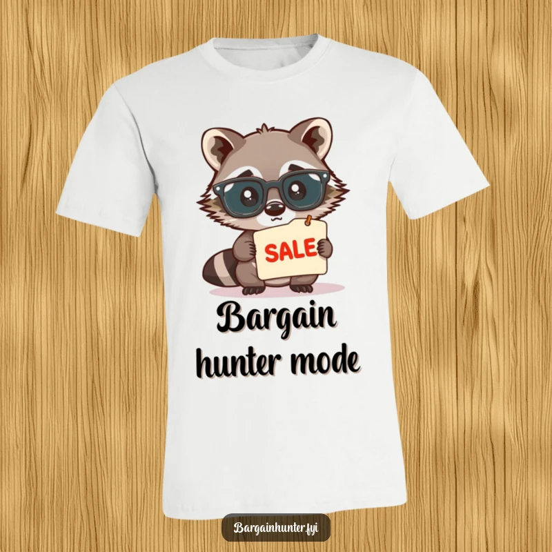 Funny, cute raccoon wearing large spectacles, peering intently at a sale tag, printed on a comfortable t-shirt, showcasing bargain-hunting humor.