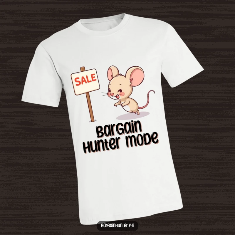 Funny t-shirt depicting a grinning mouse dashing towards a sale sign, capturing the excitement of finding a bargain.