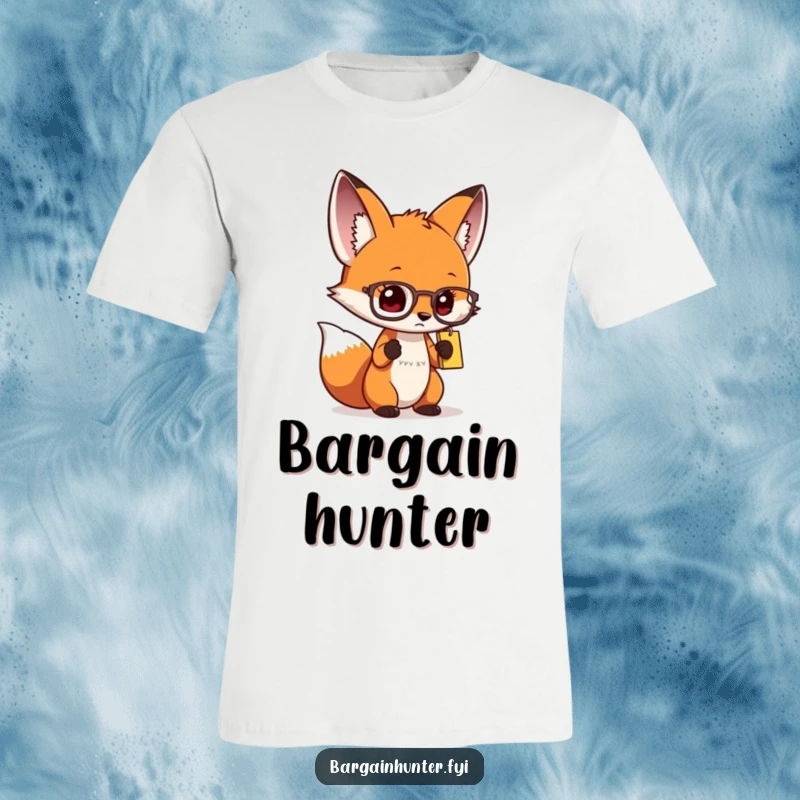Funny curious fox t-shirt wearing spectacles, intently scrutinizing a price tag, showcasing a smart and observant character.