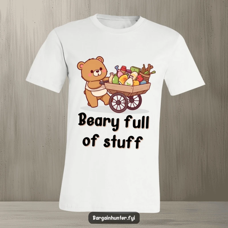 Funny t-shirt: a cheerful bear happily pushes a cart loaded with abundant goods.