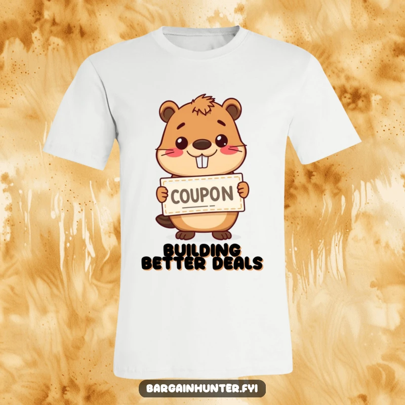 Funny happy beaver character holding a coupon with a grin on a comfortable t-shirt, perfect for casual, humorous wear.