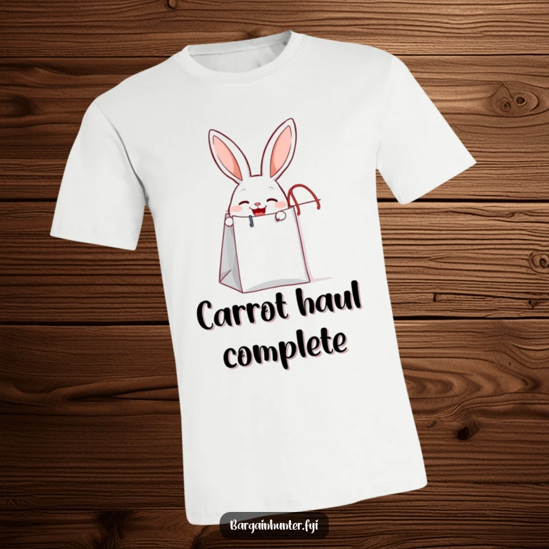 Funny joyful rabbit peeking out from a giant shopping bag, a cute and funny t-shirt for shoppers.