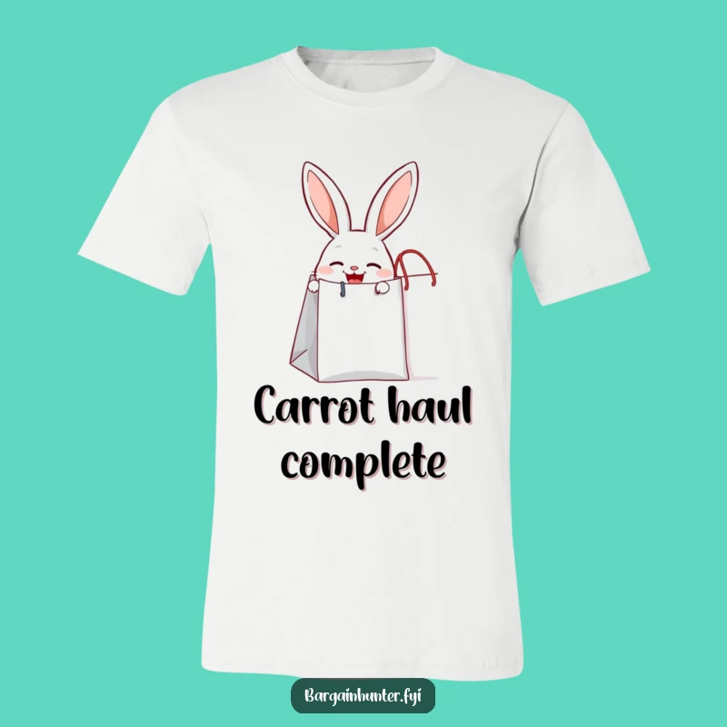 Funny Joyful Rabbit T-Shirt Peeking from Bag - Cute Shopping Tee